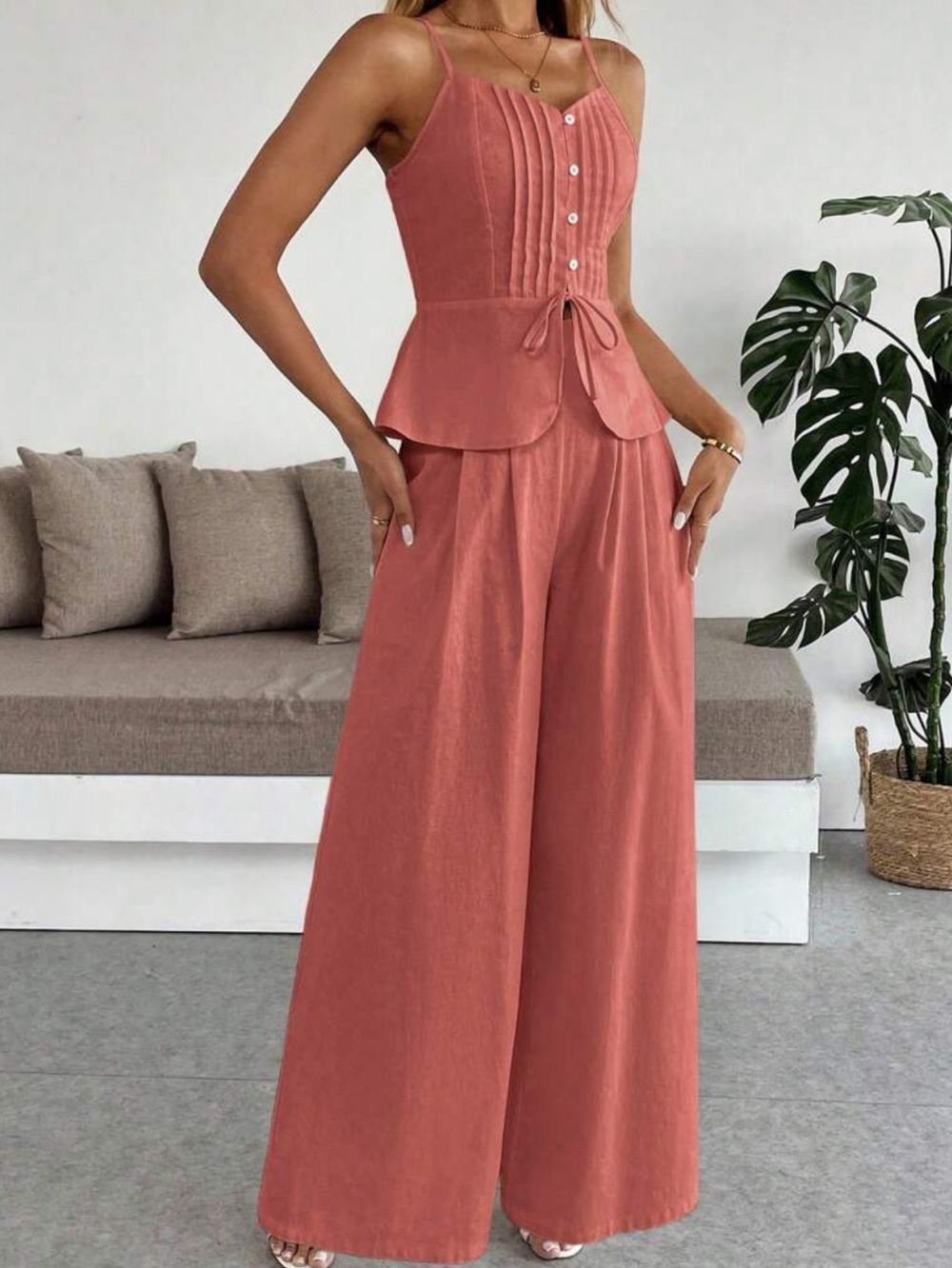 Orange 2 Piece Wide-Leg Pants with Structured Corset Bodice Top Set - Picture 5 of 6